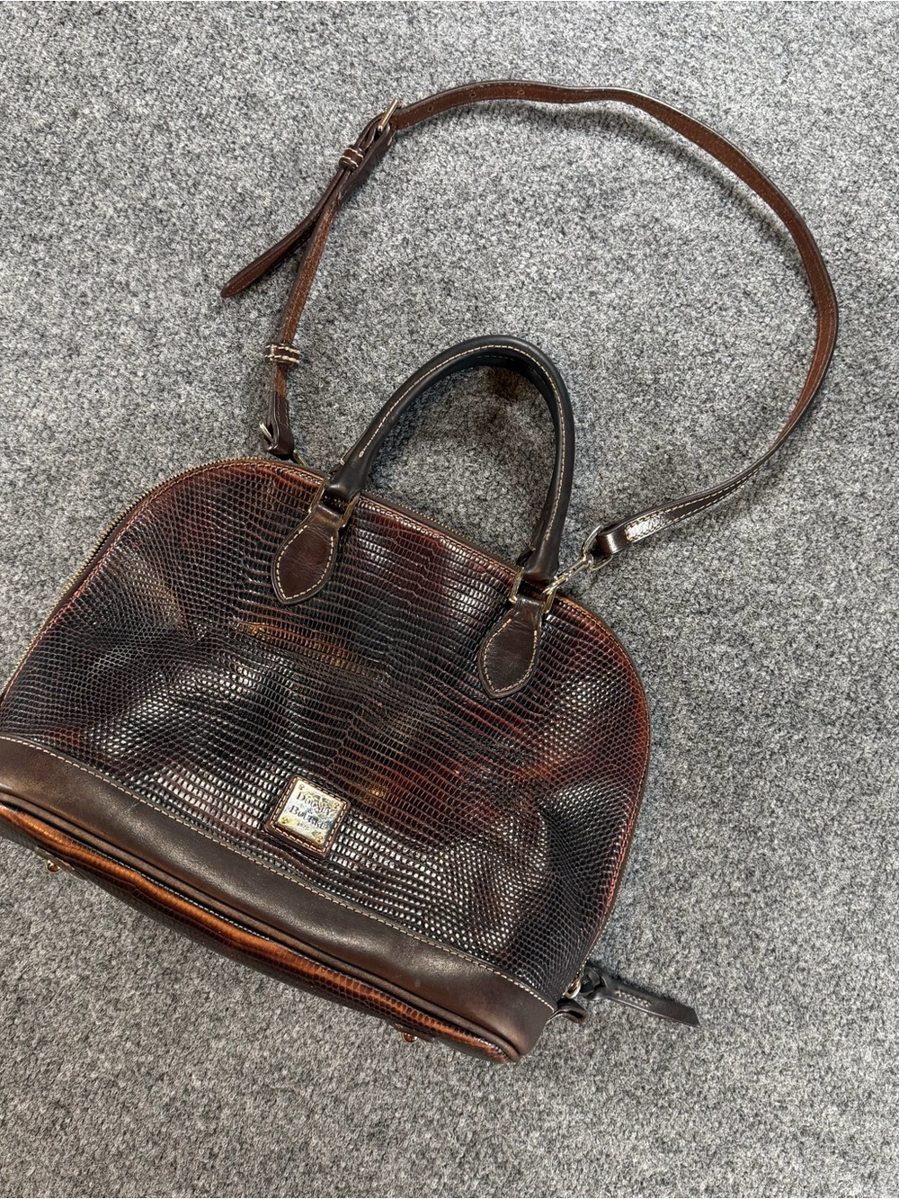 Dooney & Bourke Brown Lizard-Embossed Satchel with Adjustable Strap
